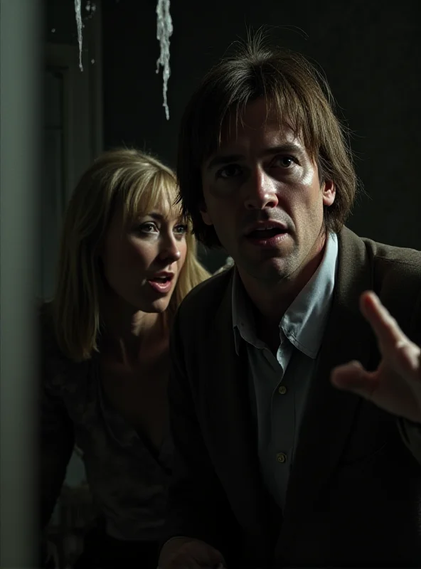 A scene from the movie 'The Parenting' with Lisa Kudrow and Brian Cox looking startled inside a dimly lit, spooky house.