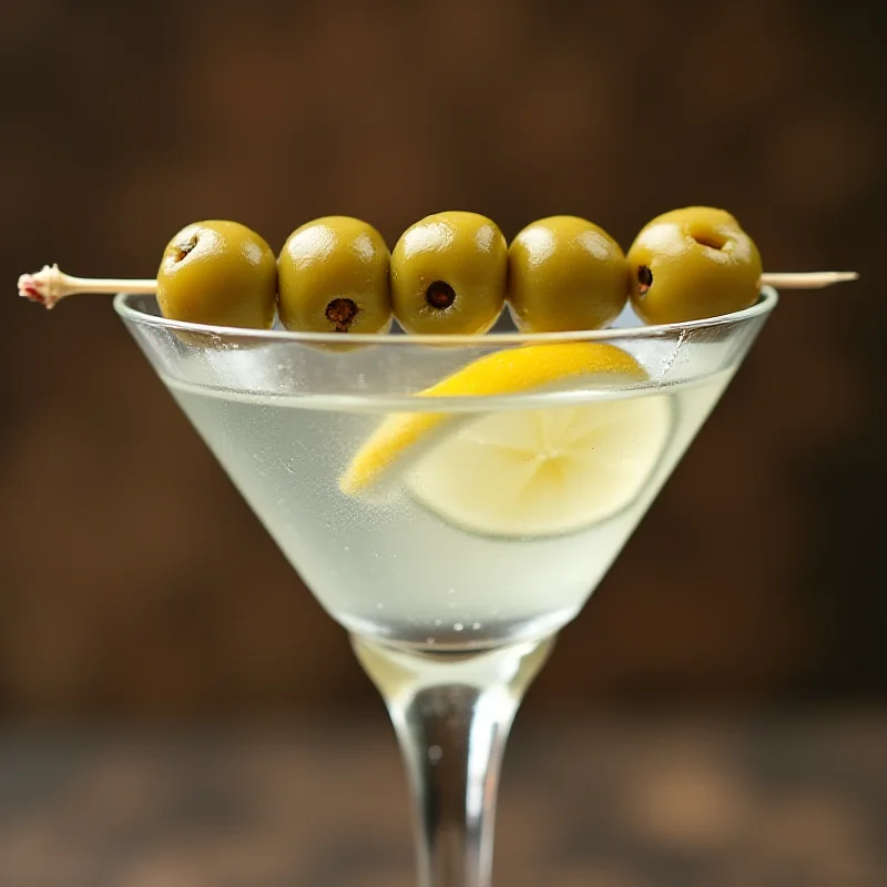 A close-up shot of a perfectly chilled martini in a classic martini glass, garnished with olives and a lemon twist.