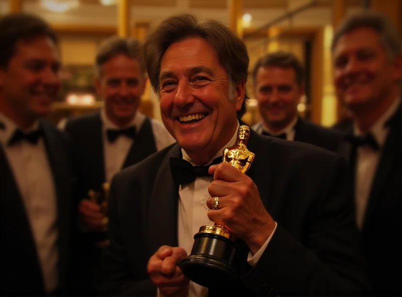 Director Walter Salles holding an Oscar statuette, smiling and surrounded by his team after winning the award for Best International Film. The scene is filled with joy and celebration.