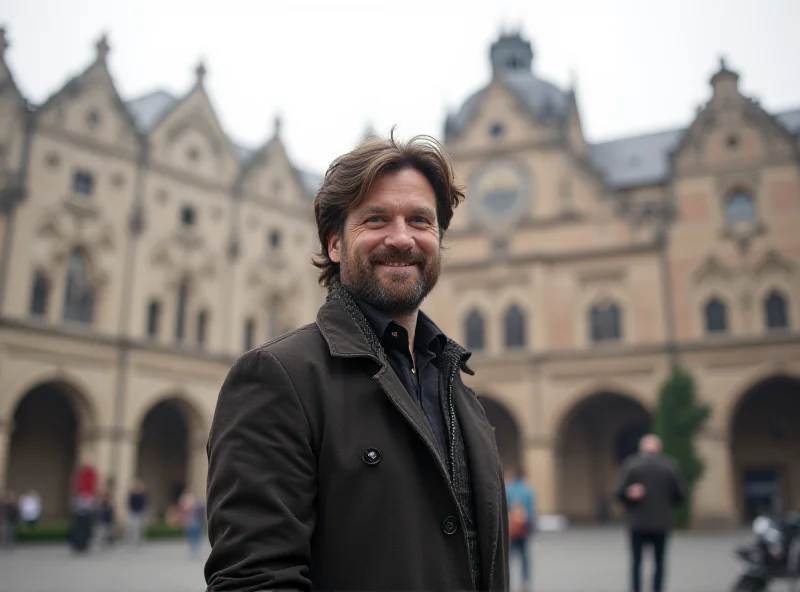 Jesse Eisenberg standing in a historic square in Poland. He is smiling and looking around, appearing thoughtful and reflective. The architecture in the background is old and detailed, representing the rich history of the region.