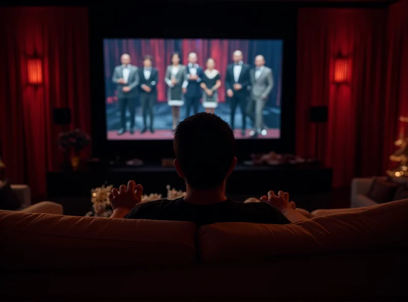 A person sitting on a couch, watching the Oscars on a large screen television. Popcorn and drinks are visible.