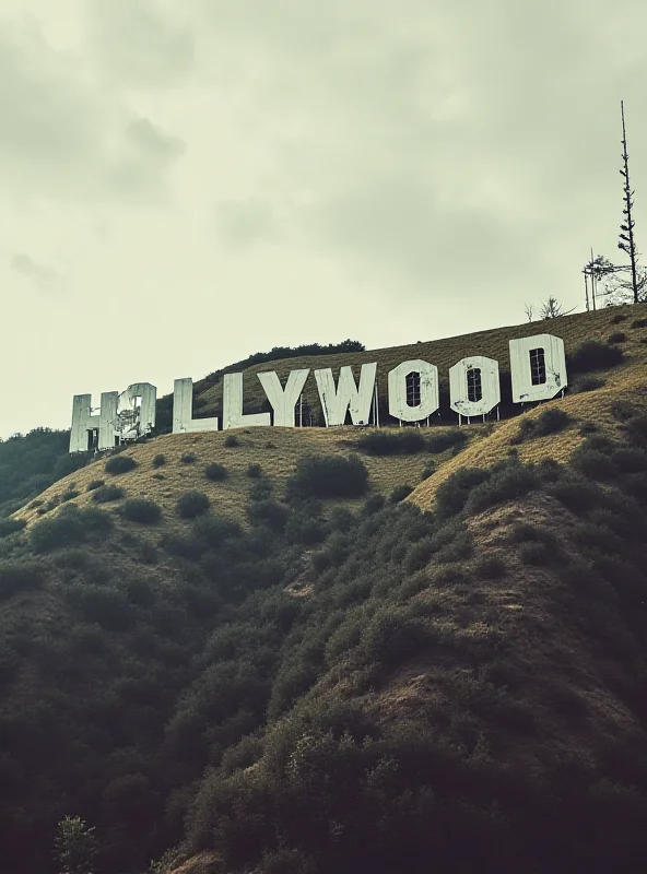 A stylized image of the Hollywood sign, but with cracks and signs of disrepair, symbolizing Hollywood's decline.