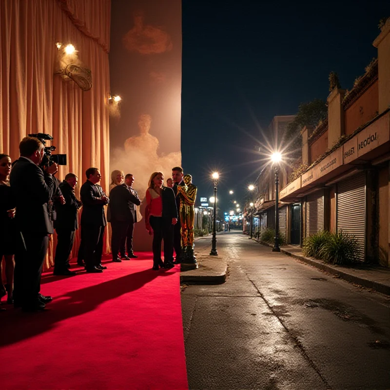 A split image. On one side, a glamorous Oscars red carpet scene. On the other, a deserted Hollywood street with closed businesses.