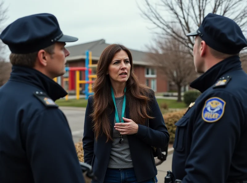 Illustration of a concerned teacher talking to police officers outside an elementary school.