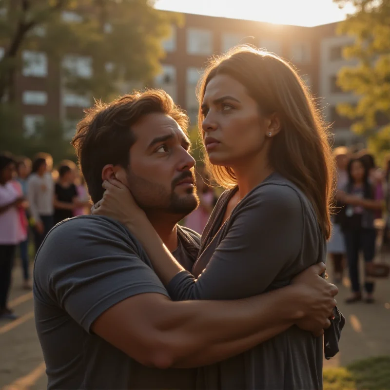 A concerned parent hugging their child in front of a school.