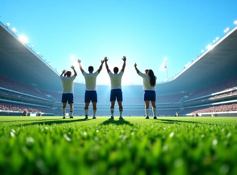 Football players celebrating a goal on a green field.