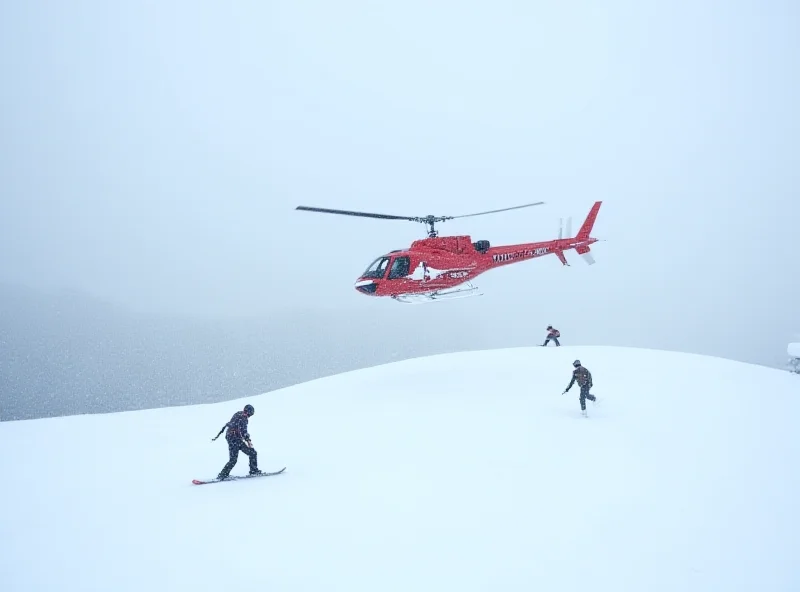 A medical helicopter landing on a snowy mountain near a ski resort.