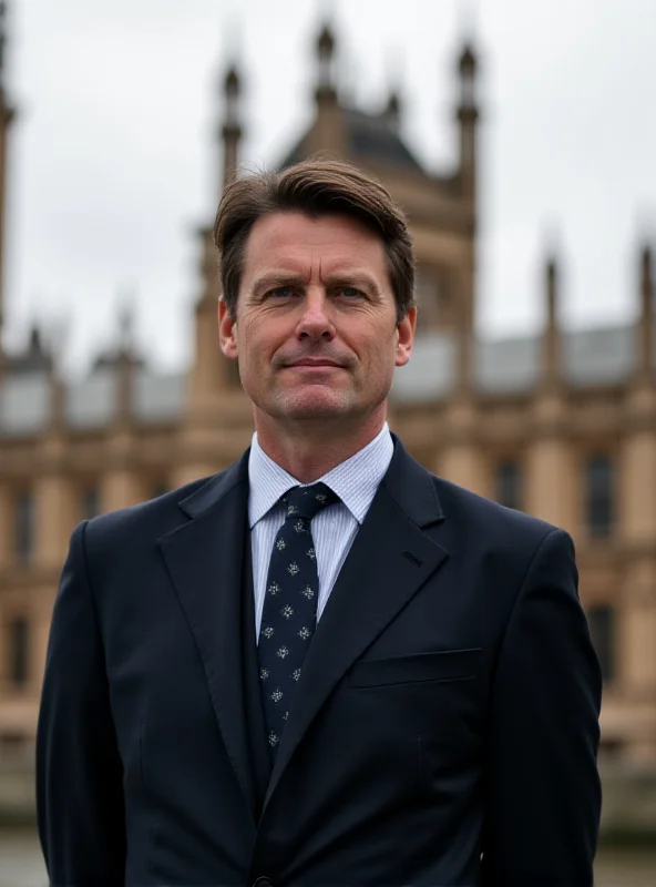 Keir Starmer standing confidently in front of the Houses of Parliament, looking serious and determined.