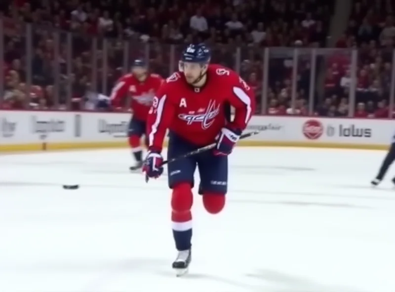 Alex Ovechkin skating on the ice, preparing to shoot the puck during a game. He is wearing a Washington Capitals jersey.