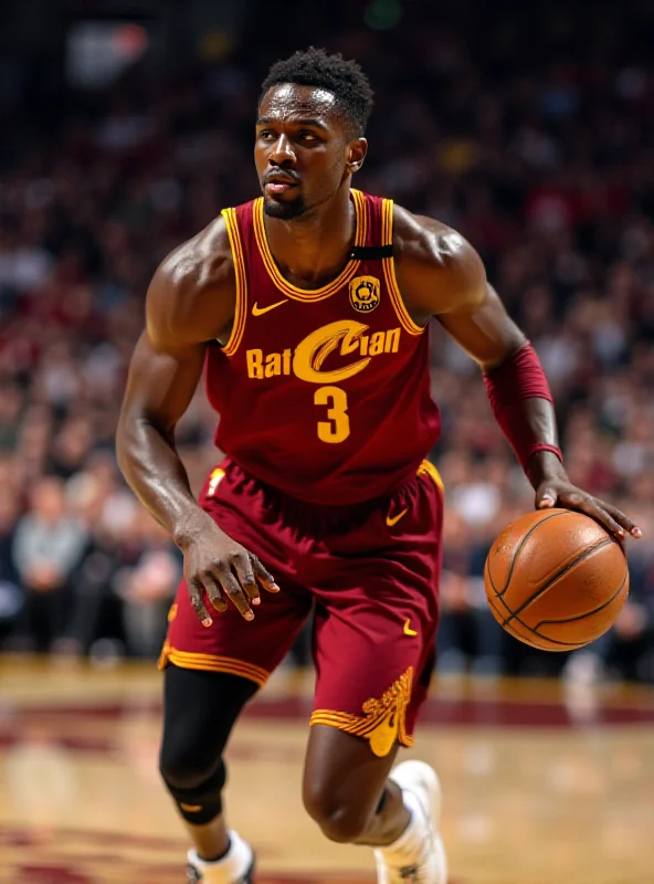 A basketball game action shot, focusing on Donovan Mitchell dribbling the ball with determination. He is wearing a Cleveland Cavaliers jersey.