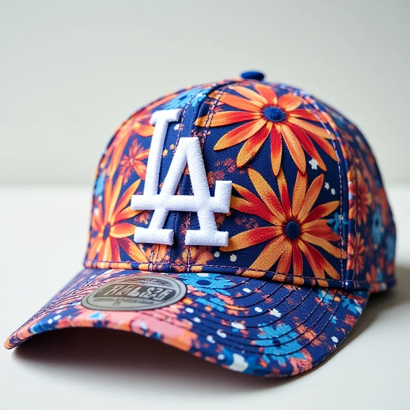 Close-up shot of a baseball cap with Takashi Murakami's signature flower design, incorporating the logo of the Los Angeles Dodgers.