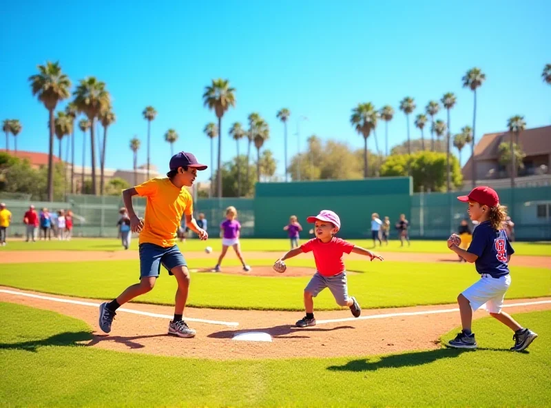 A youth baseball team playing a game on a sunny day in Pacific Palisades.