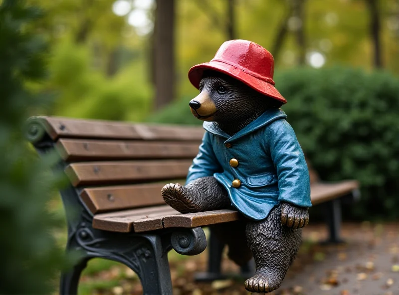 A Paddington statue sitting on a park bench.