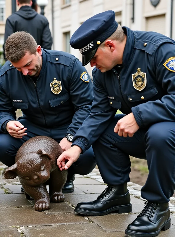 Police officers inspecting a damaged statue.