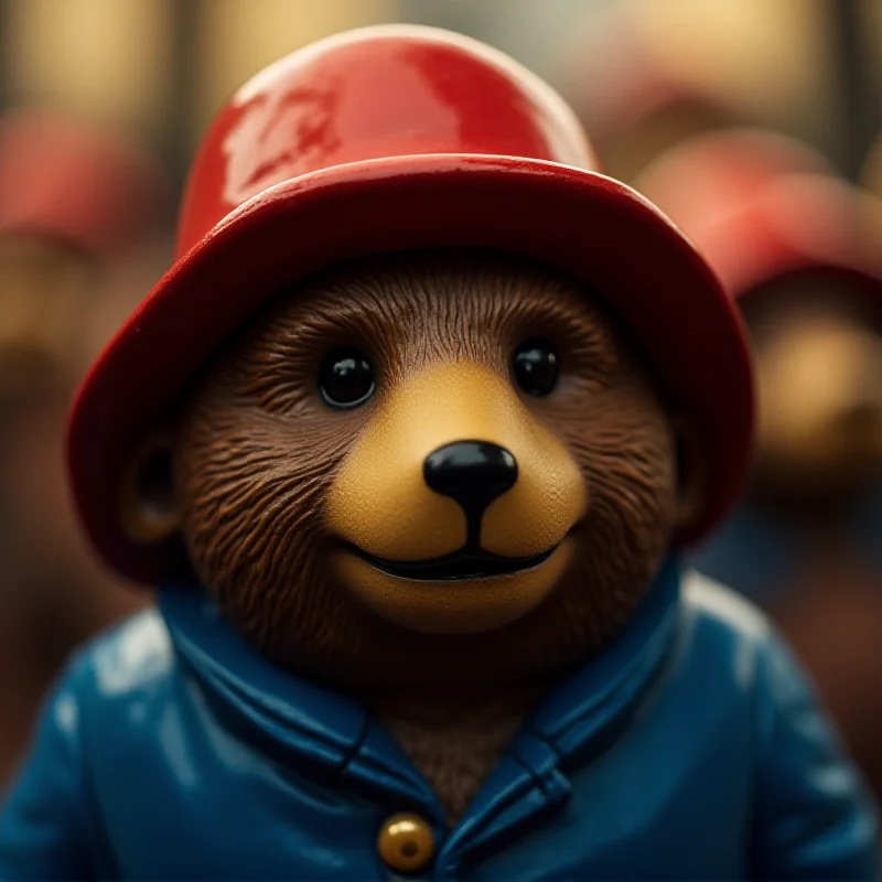 A close-up of a Paddington statue with a red hat and blue coat.