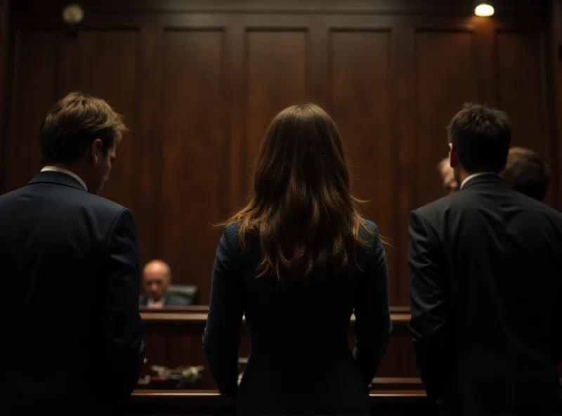 A somber courtroom scene with a woman standing before a judge.