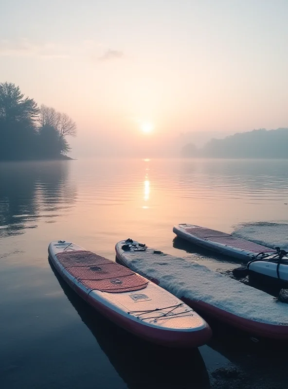 A serene lake with paddleboards on the shore, but with a hint of melancholy.