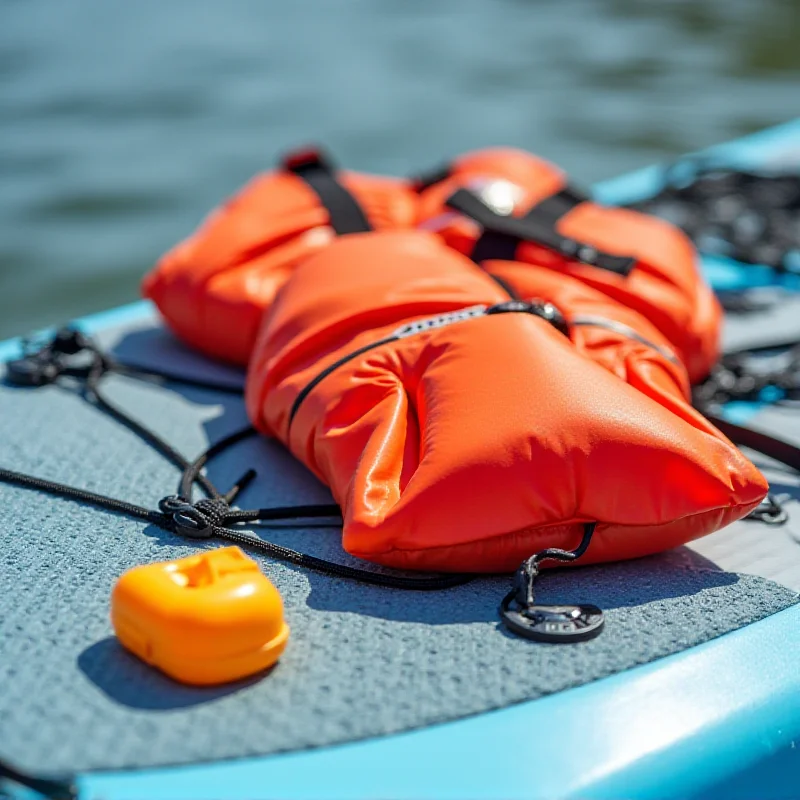 Close-up of a paddleboard with safety equipment, emphasizing the importance of preparedness.