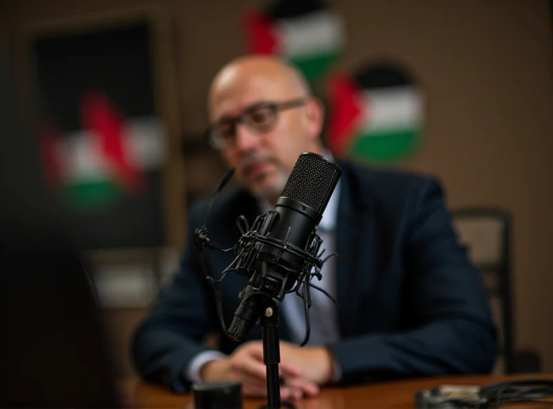 Podcast microphone with Palestinian flag in the background.