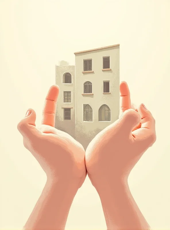 Illustration of hands holding up a fragile building, symbolizing rebuilding efforts.