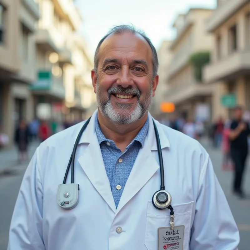 A portrait of Dr. Ahmed Junina, smiling slightly, with a background of a bustling Gaza street.