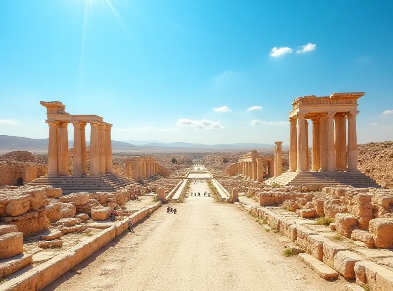 Ancient ruins of Palmyra under a clear blue sky, showcasing the scale and grandeur of the site.