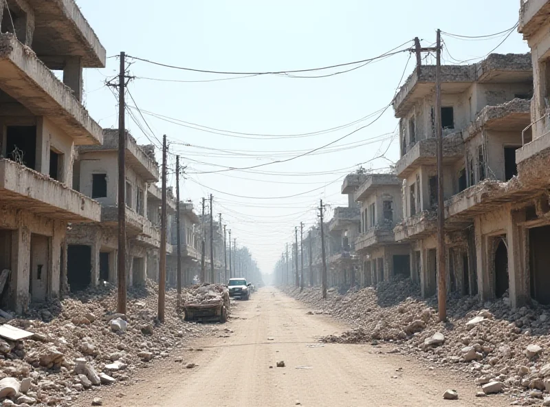 A desolate street scene in Manbij, with damaged buildings and debris visible. Power lines are down, and the overall atmosphere is one of neglect and hardship.