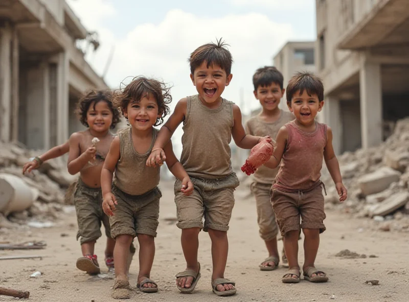 A group of Syrian children playing in a war-torn street, with a mix of hope and resilience in their eyes.