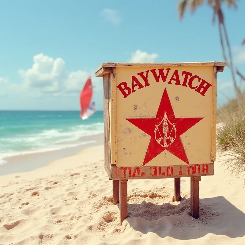 The Baywatch logo on a beach lifeguard station.