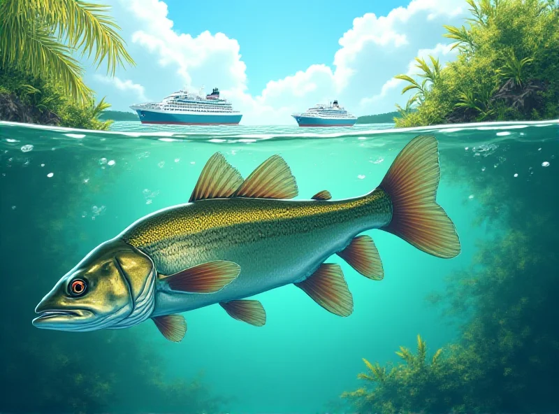 Illustration of a snook fish swimming in Gatun Lake with the Panama Canal in the background.