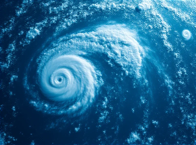 Satellite image showing three tropical storms swirling in the South Pacific Ocean near Australia.