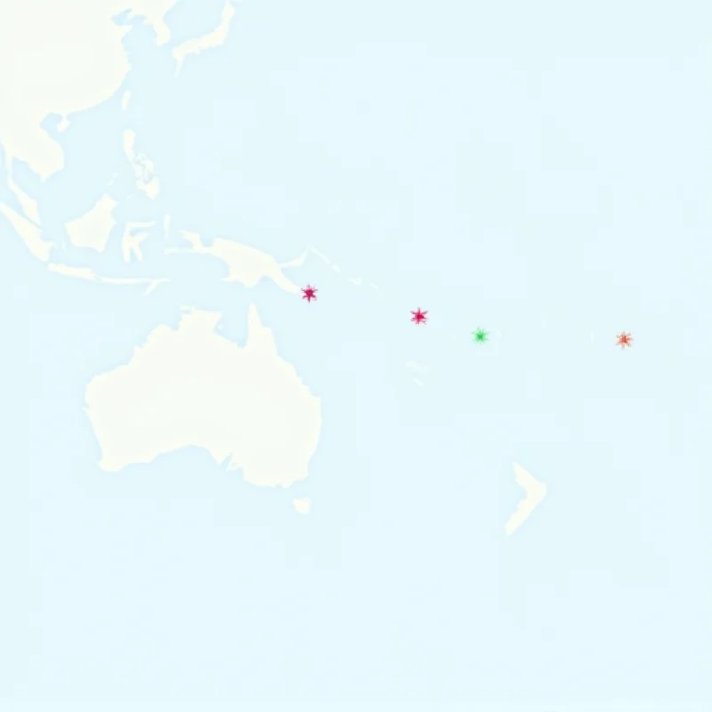 Map of Australia and the South Pacific, highlighting the location of the three tropical storms.