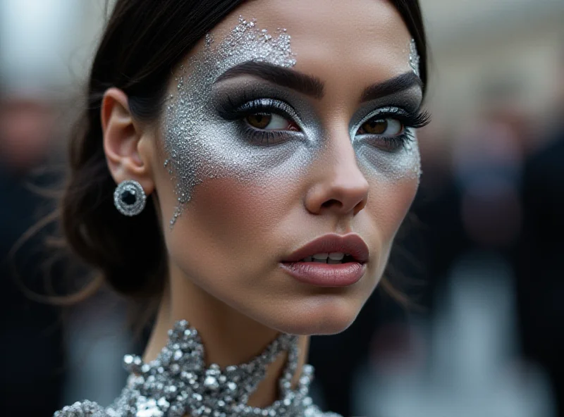 Chappell Roan wearing elaborate silver makeup at Paris Fashion Week.