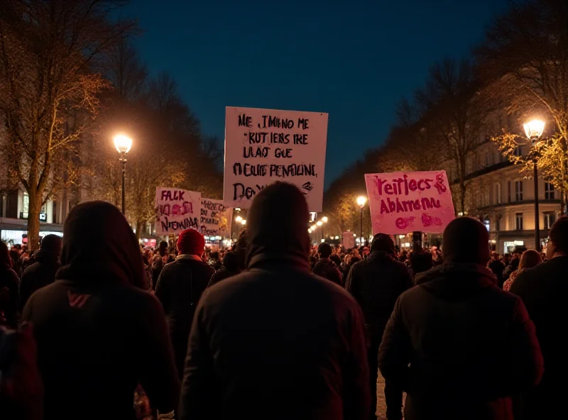 A nighttime protest scene in Paris with people holding signs and banners. The atmosphere is energetic but organized, with police presence visible in the background.