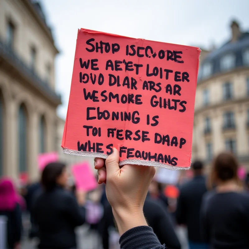 A close-up of a protest sign with feminist slogans written in French. The sign is held by a woman with a determined expression on her face.