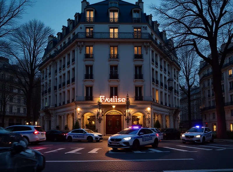 Image of a Parisian hotel with police cars outside.