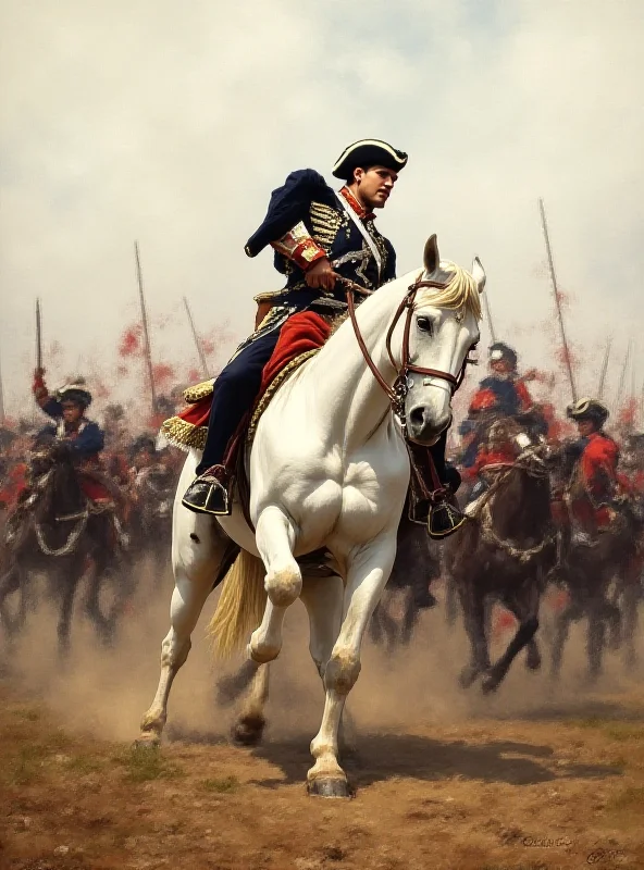 Painting of Napoleon Bonaparte on horseback, leading his troops.