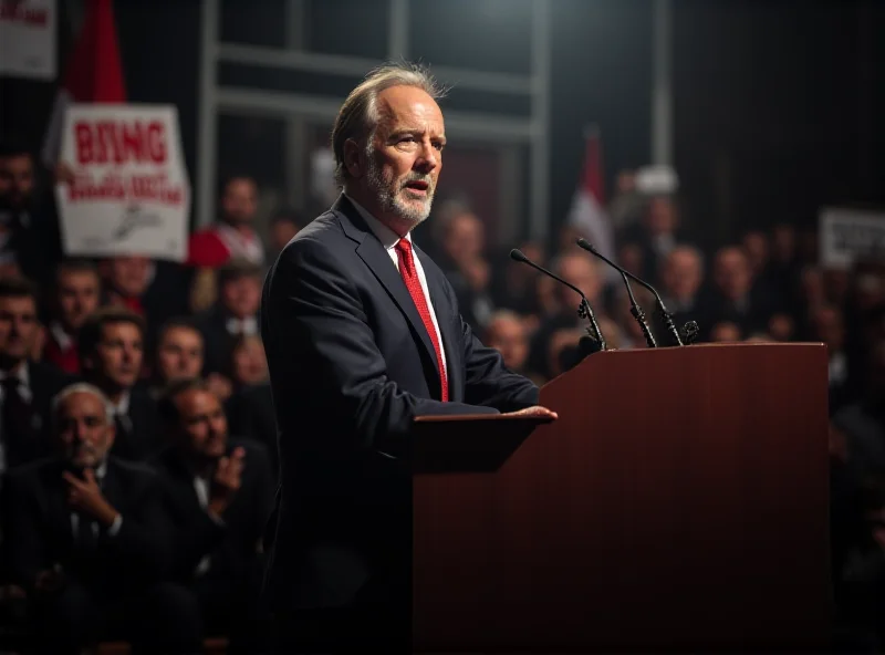 A serious-looking Bruno Retailleau giving a speech at a political rally, with a crowd of supporters in the background.