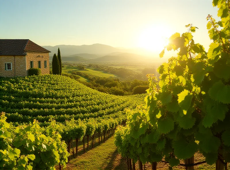 A picturesque vineyard with rolling hills and grapevines under a sunny sky.