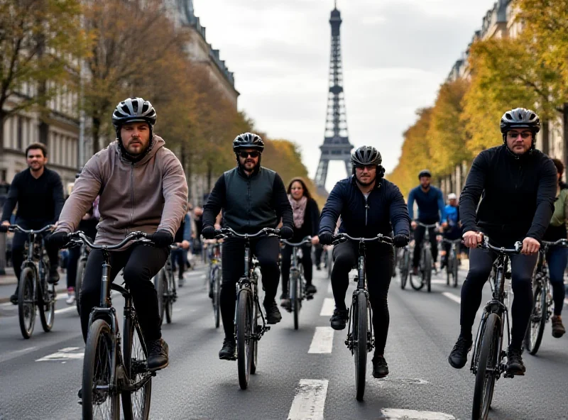 A diverse group of cyclists riding through a sunny Parisian street with iconic architecture in the background.