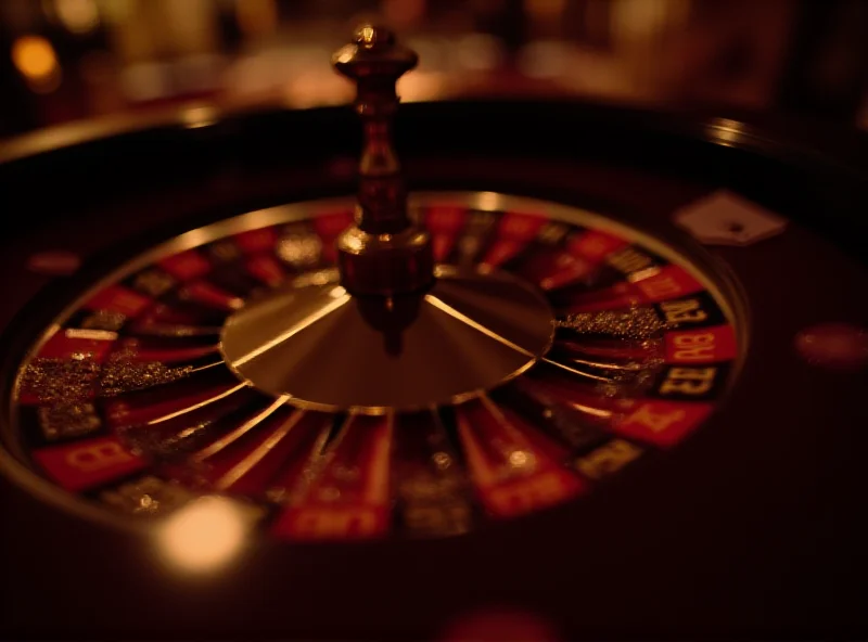 Close-up of a roulette wheel in a dimly lit Parisian gaming club, with chips and cards visible.