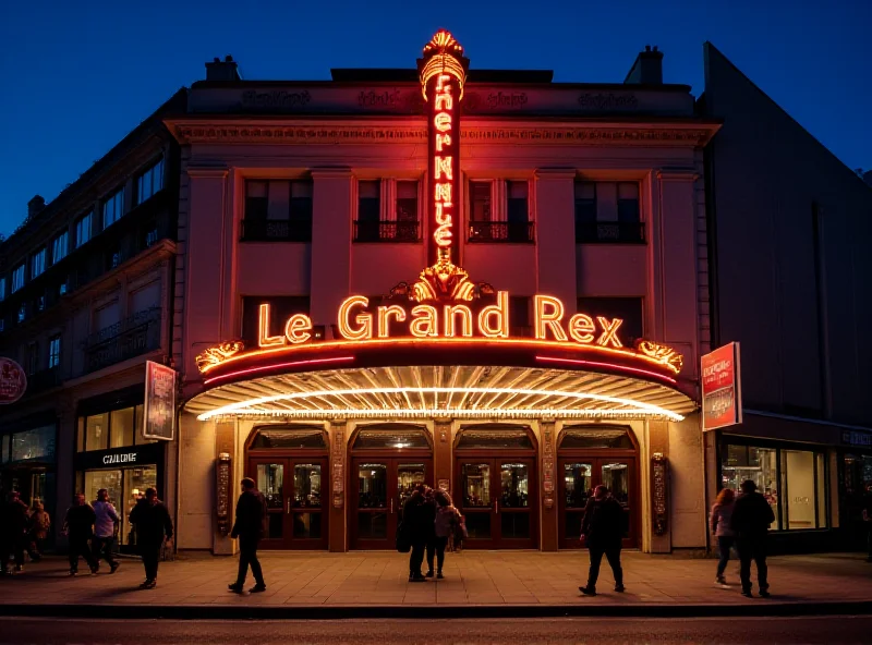 Exterior of Le Grand Rex cinema at night in Paris