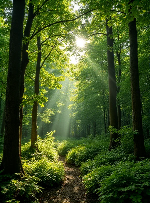 A lush forest scene with dappled sunlight filtering through the trees, representing the Sologne forest in France.