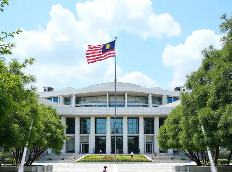 Exterior view of the Malaysian Parliament building in Kuala Lumpur, during the day, with Malaysian flags waving. 