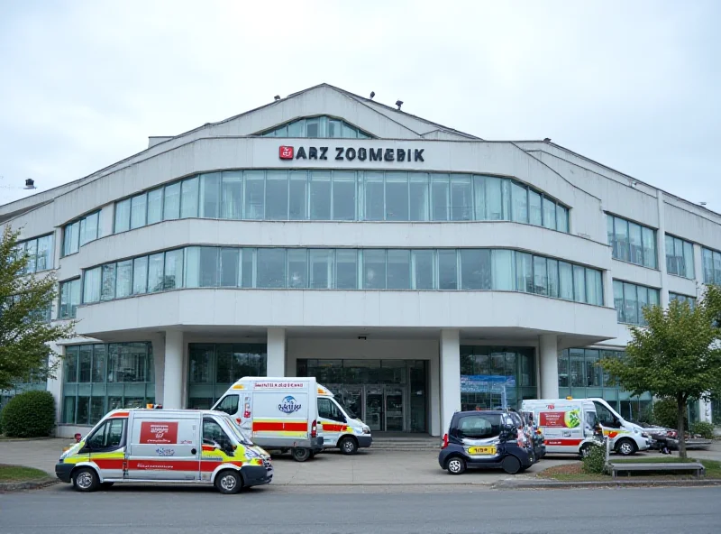 A modern hospital exterior in Czech Republic, daytime, with ambulances parked outside. The sky is slightly overcast.