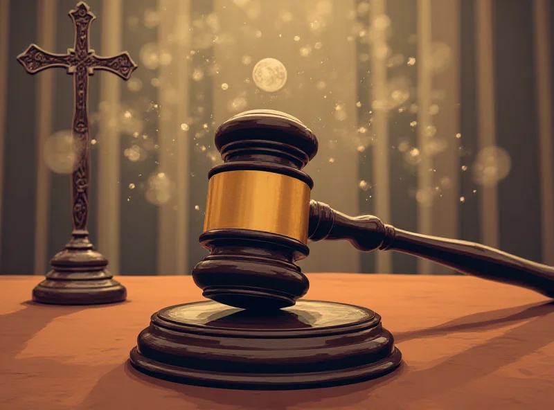 Illustration of a gavel striking a sound block in a courtroom, with religious symbols in the background blurred.