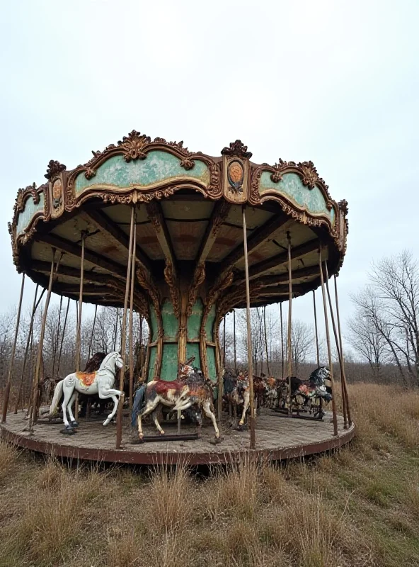 A slightly tilted, rusty, old and abandoned carousel sitting in an overgrown field. The sky is overcast and gray. The feeling is one of sadness and neglect.