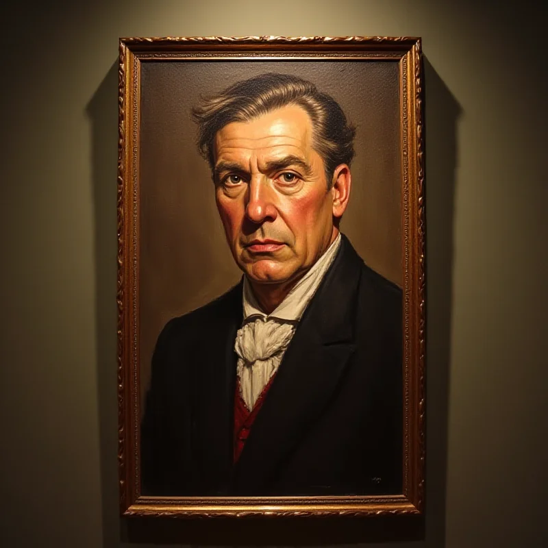 A close-up of a painting hanging in a museum. The painting is a portrait of a wealthy-looking person from the 1930s or 1940s. The lighting is dramatic, highlighting the brushstrokes and details of the artwork. The museum wall is a muted color to not distract from the art.