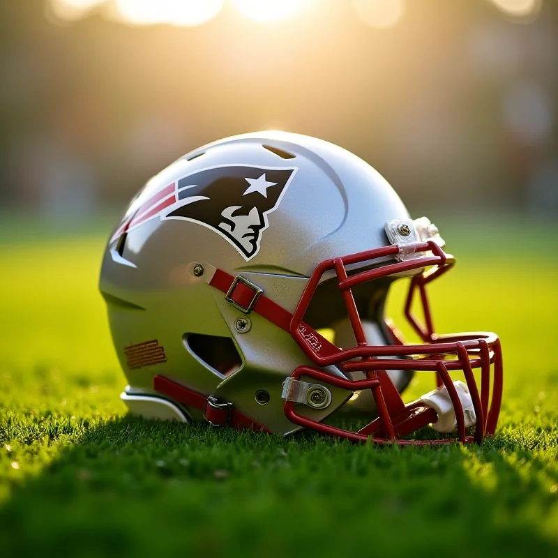 A football helmet sitting on the grass on a sunny day.