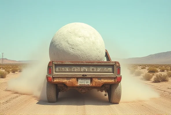 A replica of the moon sitting in the back of a beat-up truck driving down a dirt road.